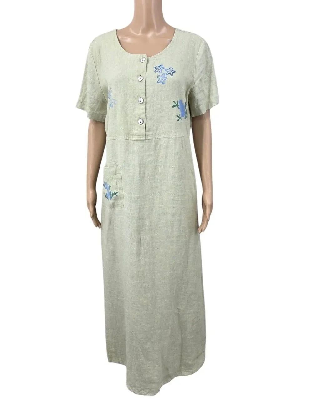 Vintage Linen Light Sage Green Button-Front Maxi Dress Blue Tropical Paint